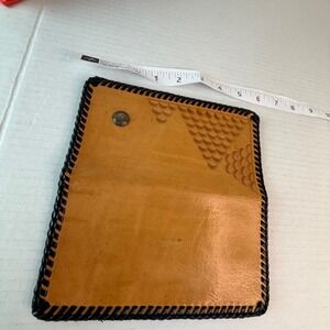 Vintage Hand Tooled Leather Checkbook Cover Pyramid Pattern Bi-Fold Wallet